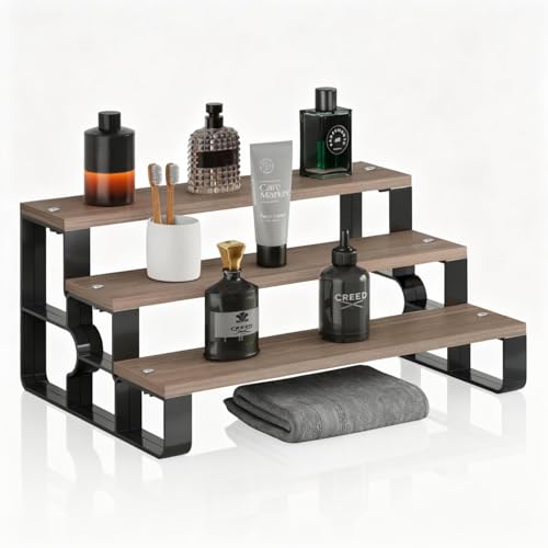 Perfume Stand Organizer for Men,3 Tier Display Riser,Display Shelf for Bedroom,Dresser,Wooden Shelf Cologne Stand for Party,Makeup,Figures,Cupcake,Dessert,Gift(Walnut,Width=14") - color: Walnut, size: 3 Tiers-width=14"