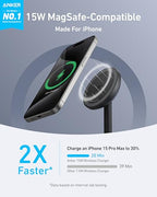 Anker MagGo iPhone 17 MagSafe Charger Compatible Stand, 15W Fast Magnetic Wireless Charging Station, Qi2 Certified 360° Wireless Charger, Magnetic Stand for iPhone 17/16/15/14/13 Series (No Adapter) - color: Black