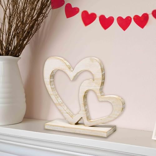 Rustic Wooden Double Heart Tabletop Decor – Interlocking Hearts Wedding Centerpiece, Engagement, Bridal Shower & Anniversary Party Decoration Gift