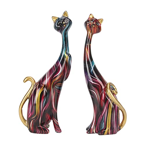 Tyenaza 2Pcs Oil Painting Cat Statues, Colorful Cat Statue, Abstract Couple Resin Cat Figurines Cat Sculpture for Bedroom Office Desktop Decoration(KY146) - size: KY146