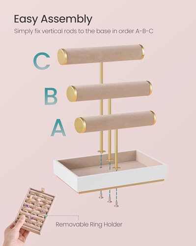 SONGMICS Bracelet Holder Stand, Jewelry Display Stand, Jewelry Organizer, with 3 Tiers and Velvet Tray, Removable Ring Holder, Cloud White and Camel Brown UJJS027A01 - color: Cloud White + Camel Brown