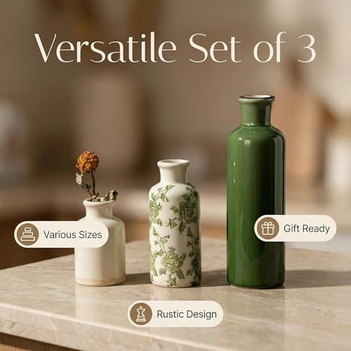 Rustic Ceramic Vase Set of 3, Flower Vases for Farmhouse Decor, Kitchen Living Room Table Centerpieces Decoration, Shelf, Mantel and Entrance Decorations-Multicolor. - color: Green-2