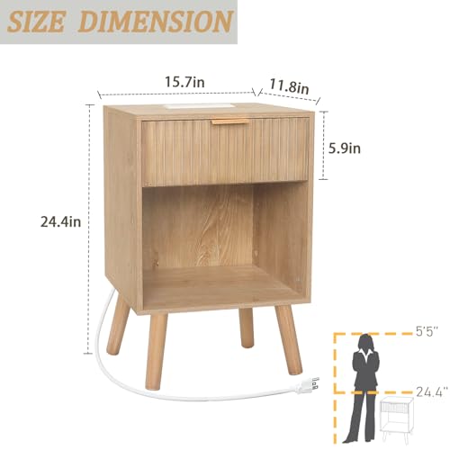 Fultyle Wood Nightstand with Charging Station, Bedside Table with Fluted Drawers and Outlet, Boho Night Stand for Bedroom, Living Room, Office (Rustic Walnut) - color: Rustic Walnut With Charging Station