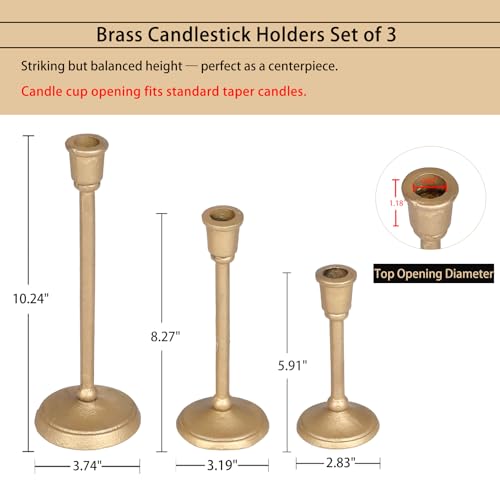 Gold Candlestick Holder Set of 3, Heavy Cast Iron Candlesticks with Antique Brass Finish, Sturdy Candle Sticks for Dining Table, Wedding, Fireplace, Home Decor - color: Antiqued Gold 6