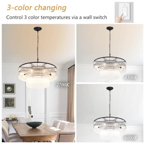 Black Modern Chandelier, 2-Tier Crystal Glass, 8-Light Round Dining Room Chandelier, Contemporary Pendant Ceiling Light for Bedroom Foyer Entryway, 23.6'' - size: Small Black (23.6" x 70")