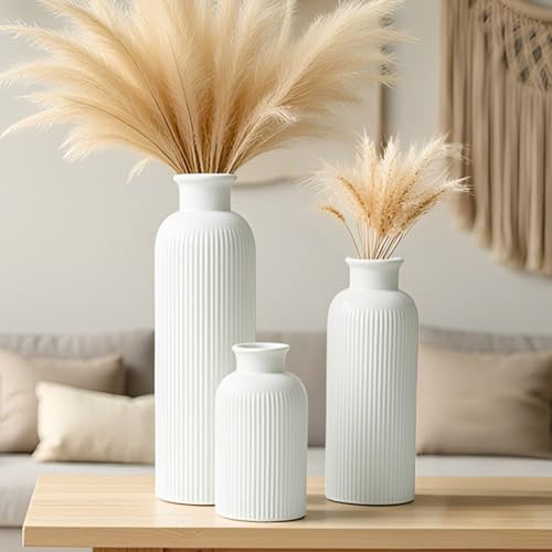 Modern Ceramic Vase Set, White Ribbed Matte Design, 3-Piece Decorative Vases for Home, Living Room, Office (White) - color: White
