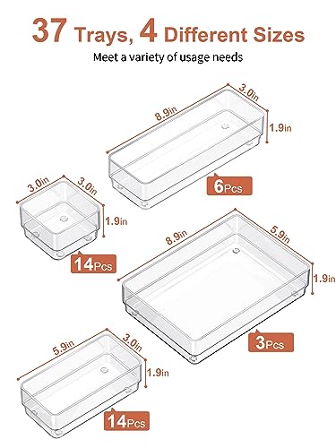 SMARTAKE 37-Piece Drawer Organizer with Non-Slip Silicone Pads, 4-Size Desk Drawer Organizer Trays Storage Tray for Makeup, Jewelries, Utensils in Bedroom Dresser, Office and Kitchen (Clear) - style: 37 PCS