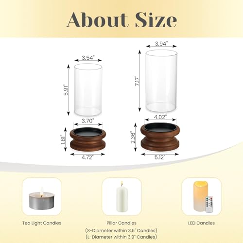 Hewory Hurricane Glass Candle Holder: 2PCS Rustic Brown Candle Holders for Pillar Candles, Vintage Decorative Wood Stand with Clear Glass Cover for Weddings Christmas Table Centerpiece Home Decor - color: Brown
