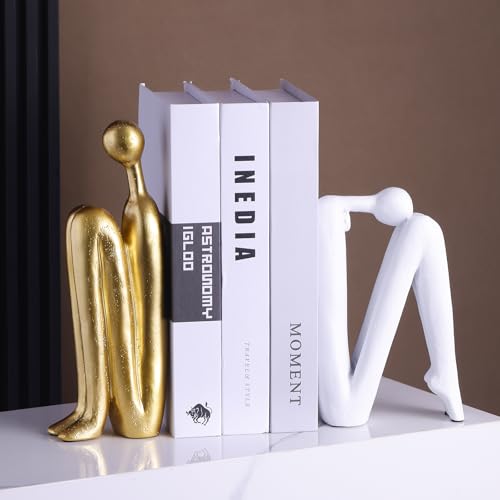 Modern Decorative Bookends,Gold and White Book Ends for Heavy Books, Thinker Statue Decor,Book Holders for Book Shelves,Unique Office Desk Decorations, Modern Bookshelf Decoration - color: White and Gold
