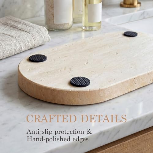 Natural Italian Travertine Tray Oval Decorative Marble Vanity Tray for Bathroom Countertop Hand-Polished Organizer for Kitchen Soap Jewelry Coffee Table Beige (11.8X5.9 Inch)