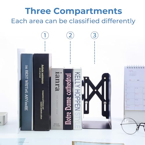 M&G Adjustable Bookends Book Ends for Shelves, Metal Bookend for Heavy Books, Desk Magazine File Organizer Holder Extends up to 20in, Book Stopper for Home, Office, Classroom (Black) - color: Black