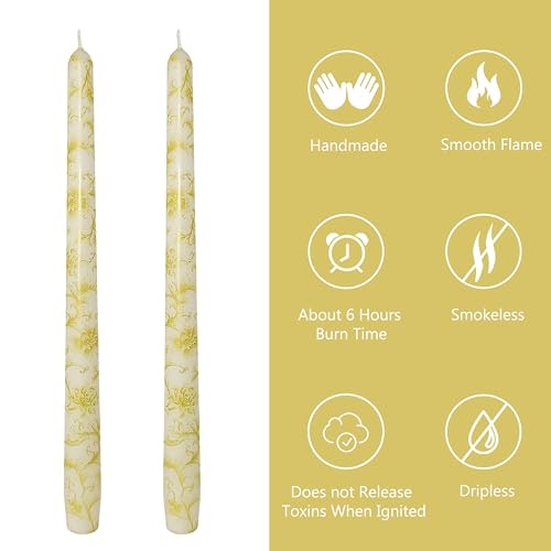 10 Inch Taper Candles Print Candle Sticks Handmade Set of 2 Smokeless Long Candle Unscented Tapered Candles for Wedding Easter Decoration(Chrysanthemum) - color: Gold Flower