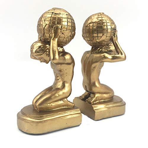 Bellaa 22968 Decorative Bookends Atlas Globe Greek Statues European Art Book Ends Stopper 7 inch Golden