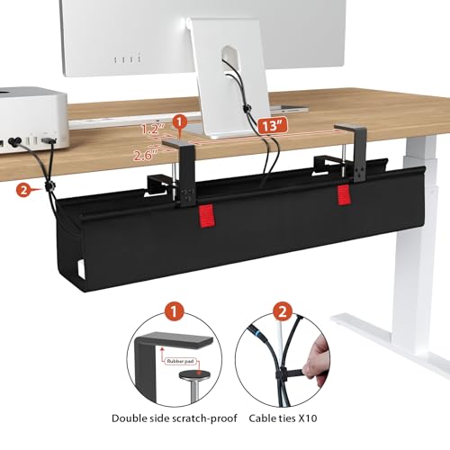 Univivi No Drill Under Desk Cable Management Tray, 28" Cord Organizer for Table, Clamp/Screw Mount Desk Cable Management, Premium Fabric Cable Management Tray for Office, Home - color: Black, size: 28"L x 5.5"W