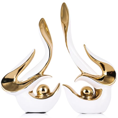 Mid Century Modern Abstract Art Home Decor Accent,Porcelain Statues for Living Room Coffee Table Centerpieces for Dining Room,Ceramic Sculptures and Gold Knick Knacks for TV Stand Decor (White Gold) - color: White Gold