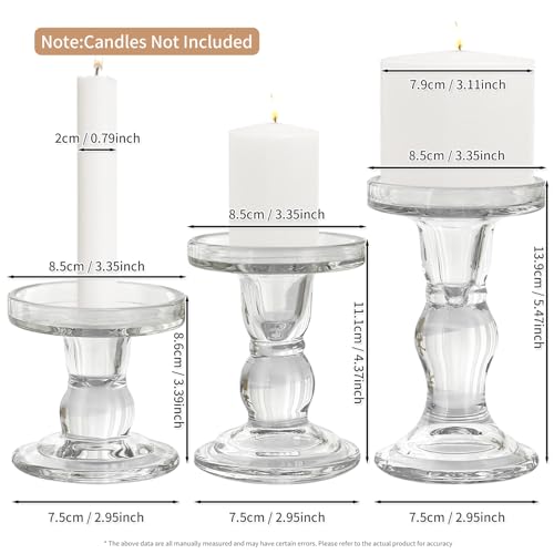 Glass Candle Holders, 3 Pieces Crystal Clear Candlesticks with Elegant Design for Pillar Taper Candle and Tea Light