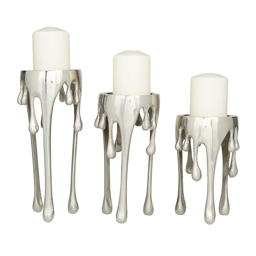 CosmoLiving by Cosmopolitan Aluminum Metal Abstract Decorative Candle Holder Melting Drip Candle Stand, Set of 3 Candlestick Holder 12", 10", 8"H, Silver - color: Silver