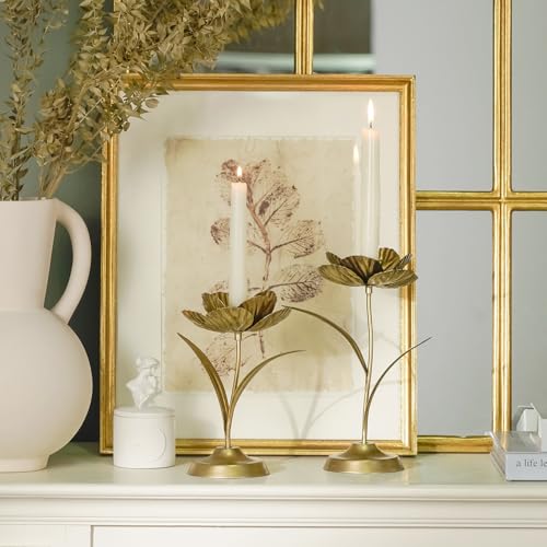 NIKKY HOME Tulip Taper Candle Holders Set of 2, Vintage Elegant Flower Shaped Metal Candlestick for Table Centerpieces, Wedding Decor and Dinner Party, Gold - color: Gold