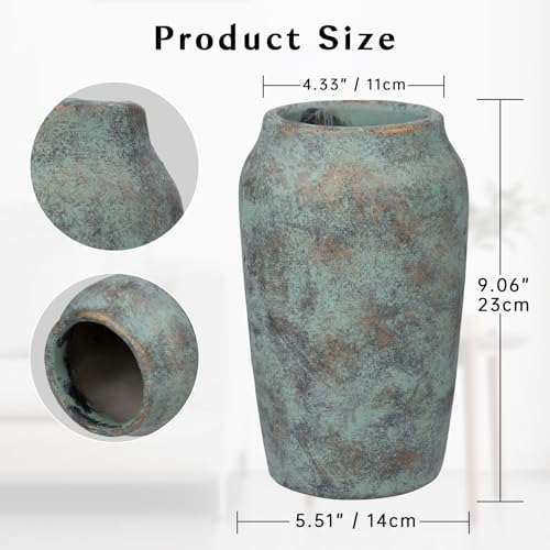 Briful Rustic Vintage Ceramic Vase, 9.06'' Farmhouse Table Decor with Wide Mouth, Large Decorative Vase for Home Decor, Living Room, Entryway & Shelf Styling, Patina - color: 9.06'' Patina