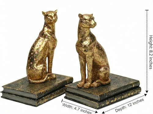 Comfy Hour 9.1" Gold Cheetah Egyptian Bastet Figurine Style Bookends, Antique Vintage Leopard Statue Home Decor, Heavy Duty Animal Book Stoppers Pair
