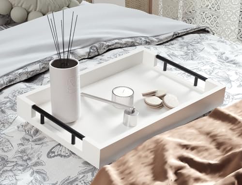 Fibogollo Bamboo Serving Tray with Metal Handles,15x10in Ottoman Decorative Trays Platter for Coffee Table,Living Room,Bar,Party,Mediuml(White) - style: White-Medium