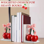 2 Pcs Pink Bow Cherry Bookends Wooden Pink Bookends Shelves Coquette Room Decor Cute Cherry Figurine Book Ends Bow Nursery Decoration for Bedroom Home Office Nursery Birthday Gift - style: Cherry