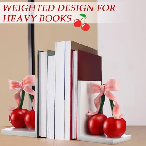 2 Pcs Pink Bow Cherry Bookends Wooden Pink Bookends Shelves Coquette Room Decor Cute Cherry Figurine Book Ends Bow Nursery Decoration for Bedroom Home Office Nursery Birthday Gift - style: Cherry