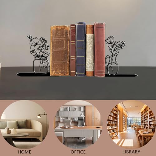 2Pcs 2 Styles Flower Vase Bookends Book Stopper Vase Modern Minimalist Design Black Decorative Heavy Duty Metal Book Ends for Shelves Office Desk Organizer Stylish 7.48 x 6.3 x 1.18 Inch - color: Vase