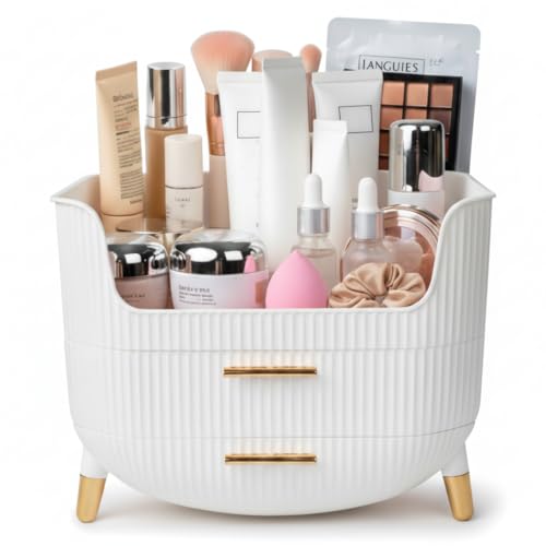 HALAFE Makeup Organizer with Drawers, Skincare Storage Box for Vanity, Multiple Compartments, Portable Cosmetic Display Case with Handle, Large Make up Organizers for Dresser, Bathroom, Bedroom, White - color: White