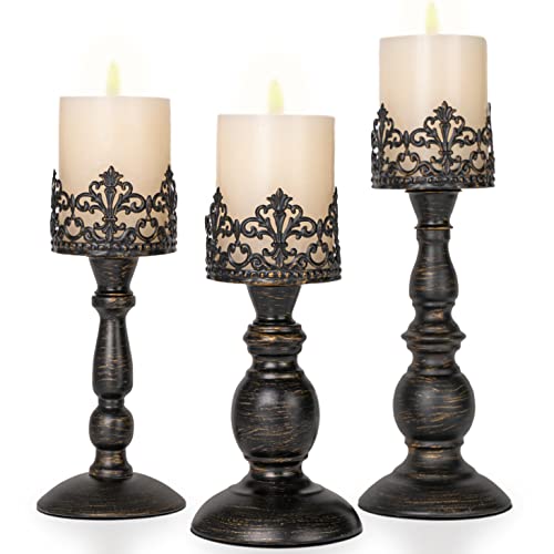 Distressed Black Candle Holders for Pillar Candles Set of 3, Vintage Crown Candle Stands for Table Centerpiece Decor, Tall Antique Metal Candle Holder Set for Fireplace Decoration, Ideal Gift - color: Distressed Black
