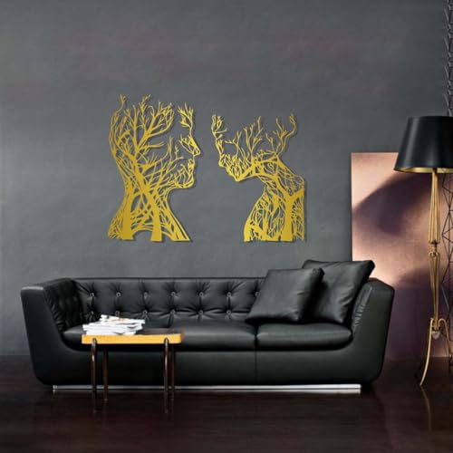 Abstract Face Metal Tree Wall Art, Decorative Branches, Tree Branch Art, Woman & Man Metal Wall Decor, Abstract Artwork, Modern Decorations, Living Room Decor (Gold, 48"x(35"+30") | 121x(88+76) cm) - color: Gold, size: 48L" x 35W"