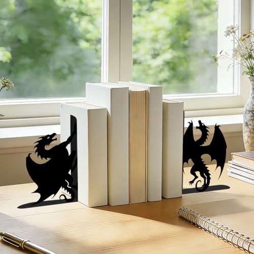 4 Pcs Dragon Metal Bookends - Heavy Duty Book Ends for Shelves, Fantasy Gothic Decor for Home Office Desk Bookshelf, for Dragon Lovers, Fantasy Readers - color: Dragon