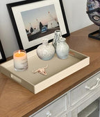 HofferRuffer Rectangle Serving Tray with Hole Handles for Coffee Table, Breakfast, Tea, Food, Butler - Countertop, Kitchen, Vanity Serve Tray, 16.2 x 12.2 x 2 inches, Faux Leather (Dark CreamWhite) - color: Dark Creamwhite, size: 16.2" x 12.2" x 2"