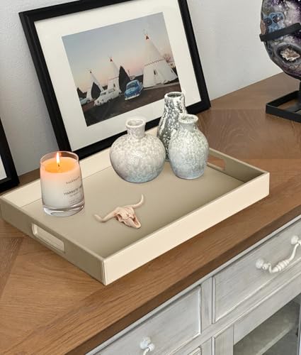 HofferRuffer Rectangle Serving Tray with Hole Handles for Coffee Table, Breakfast, Tea, Food, Butler - Countertop, Kitchen, Vanity Serve Tray, 16.2 x 12.2 x 2 inches, Faux Leather (Dark CreamWhite) - color: Dark Creamwhite, size: 16.2" x 12.2" x 2"