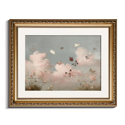 InSimSea Gold Picture Framed Wall Art, Living Room Vintage Butterfly Cloud Nursery Wall Decor, Field Landscape Canvas Print Art, Home Farmhouse Decor, Antique Paintings with Frame 13x16inch - color: Butterfly Realm, size: 16"L x 13"W