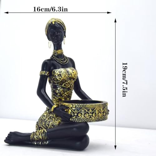 African Sitting Woman Handled Tray Resin Statue Tribal Art Figurine, Multi-Purpose Decorative Bowl Candy Dish Key Holder Jewelry Vanity Tray, Unique Housewarming Gift for Living Room Entryway Office