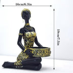 African Sitting Woman Handled Tray Resin Statue Tribal Art Figurine, Multi-Purpose Decorative Bowl Candy Dish Key Holder Jewelry Vanity Tray, Unique Housewarming Gift for Living Room Entryway Office