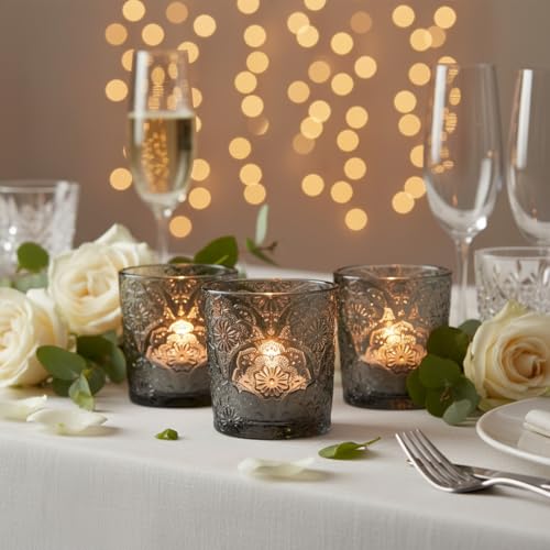12 Pack Mandala Embossed Glass Candle Holders – Votive Tealight Holders with Patent Design, Decorative Embossed Glass Cups for Wedding Centerpieces, Parties, and Home Décor (Smoky Quartz) - color: Smoky Quartz