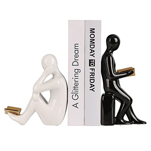 XINGYAN Elegant Ceramic Bookends - Black & White Reading Statues with Gold Accents - Sophisticated Decor for Shelves and Home(Gold Book)