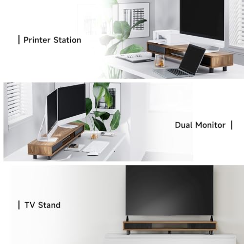 Fenge Dual Monitor Stand, 42.5inch Long Monitor Stands Riser for 2 Monitors, Sliding Door with Storage Organizer Stand for Desk, 2 Tier Desk Shelf for Laptop, Pc, Printer, Computer, TV - color: Brown
