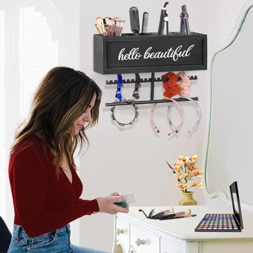 Rustic Hair Dryer Holder Wall Mounted,Hair Styling Tools & Accessories Organizer,Bathroom Supplies & hot Tools vanities Organizer Caddy,for Storage Flat Iron,Blow Dryer,Curling Iron,Towel - color: Black