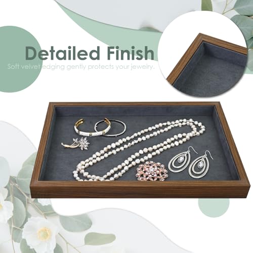 MOOCA 2 Pcs Wooden Jewelry Display Tray, Presentation Tray, Organizer for Rings, Necklaces, Earrings, and Accessories, Walnut Color with Grey Suede, 14" W x 9.6" D x 1.2" H - color: 1 Compartment, Walnut/Grey