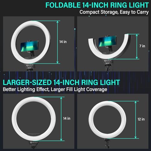UBeesize 14'' LED Foldable Ring Light with 62'' Tripod Stand, Selfie Ring Light for Video Recording, Live Streaming, TikTok & YouTube, Compatible with iPhone & Android (Black) - color: Black, size: 14in