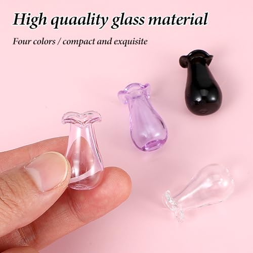 Ymapinc 4Pcs Glass Cat Whiskers Holder Tiny Vases for Flowers, Cute Miniature Jars, Small Decoration for Dollhouse DIY Plant Decor - color: Clear+black+pink+purple