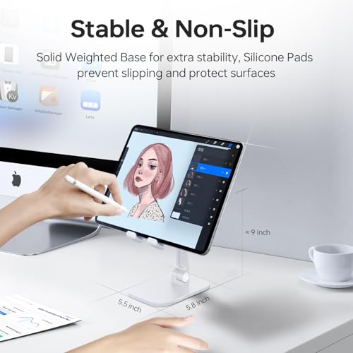 Foldable Phone Stand for Desk - Adjustable Height & Angle Cell Phone Holder, Portable Tablet Stand with Anti-Slip Base for Home, Office, and Travel, Compatible with iPhone & All 4-11" Devices (White) - color: White
