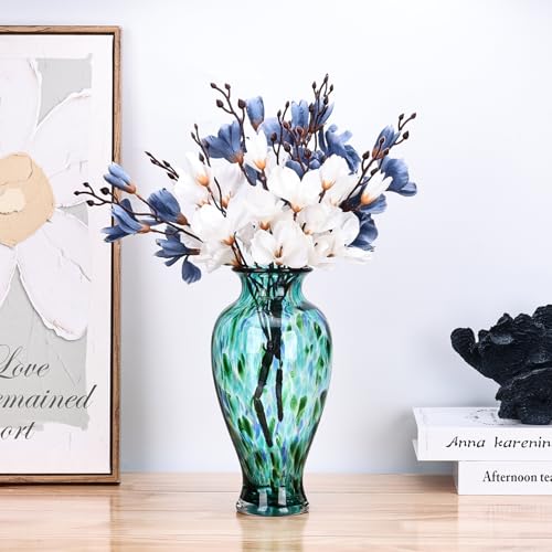 Hand Blown Glass Vase 11.8" Tall Beautiful Turquoise Sea Wide Mouth Bud Vase for Table Centerpiece, Painted Colorful Murano Glass Flower Vases for - Home Entrance Wedding Center - color: Turquoise