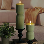 Olive Green Ribbed Flameless Pillar Candles with Remote, LED Candles Battery Operated Flickering Real Wax Set of 2 - color: Olive Green