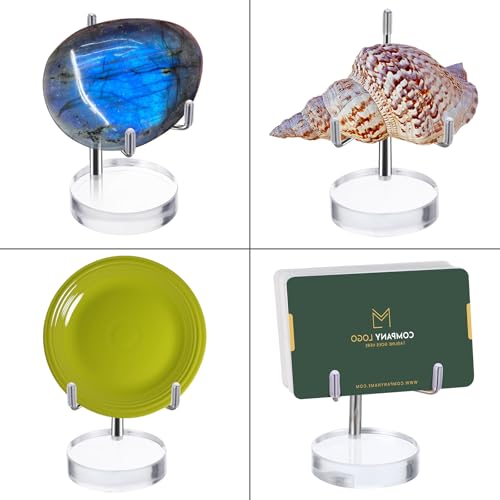 Crystal Stands for Display Adjustable Metal Arms Display Stand Easel Small Plate Stand with Acrylic Clear Round Base Silver Decorative Displays Holder for Coral Geodes Rock Crystals Seashell