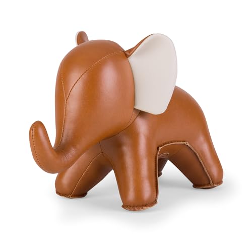 Bookend Elephant Abby, Leather Bookends for Shelves, Handmade Animal Home Decor, Zuny Series, Tan+Wheat - color: Elephant Abby