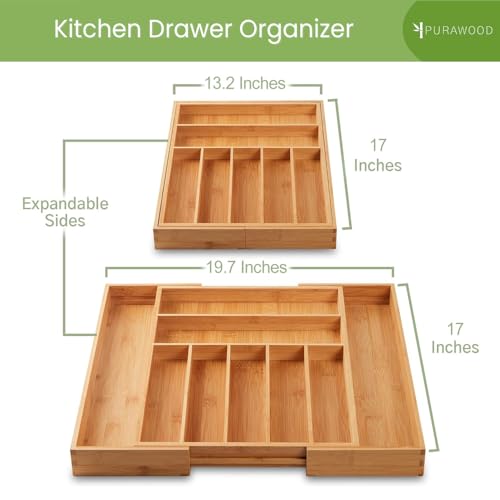 Bamboo Drawer Organizer, 2 Pack - Expandable Silverware Organizer & Utensil Drawer Organizer, Cutlery Tray with Dividers, 7-9 Slots - Premium Kitchen Organizer for Utensils & Flatware (Natural) - color: Natural, size: 7-9 Slot